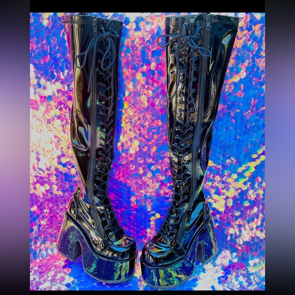 Dolls Kill Black Patent Lace up Chunky OTK Platform Boots